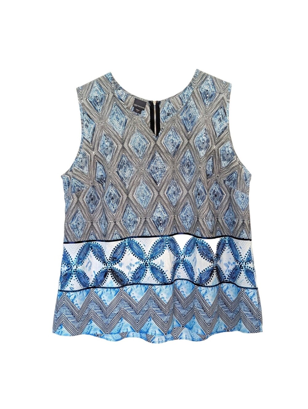Covington Geometric Blue & Grey Zip Back Sleeveless Top | Size 1X